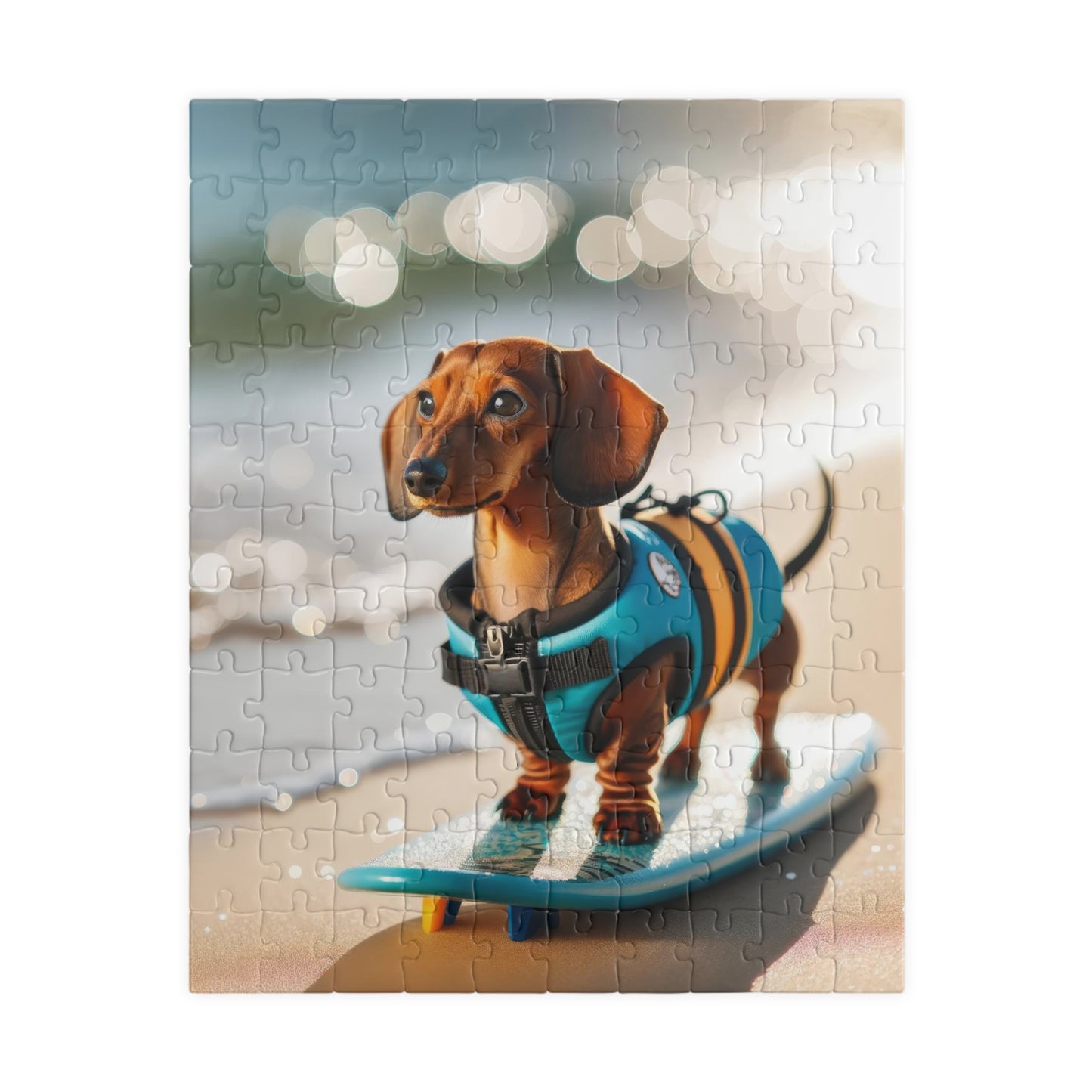 Beach Adventure Surf's Up Miniature Dachshund Jigsaw Puzzle - Vibrant Red Miniature Doxie, 110, 252, 520 or 1014 Pieces
