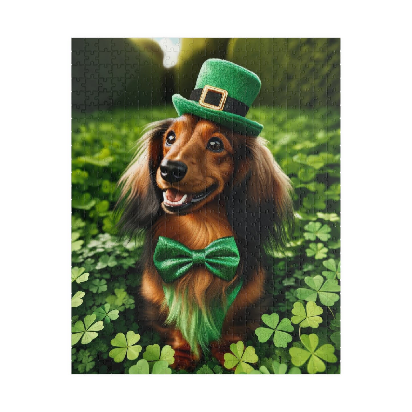 St. Patrick's Day Leprechaun Miniature Dachshund Jigsaw Puzzle - Long Haired Chocolate and Cream Mini Doxie 110, 252, 520 or 1014 Pieces