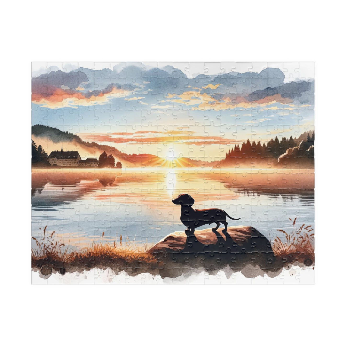 Dawn's Early Light - Dachshund Lake View Jigsaw Puzzle - Available in Multiple Sizes 110, 252, 520, 1014-piece