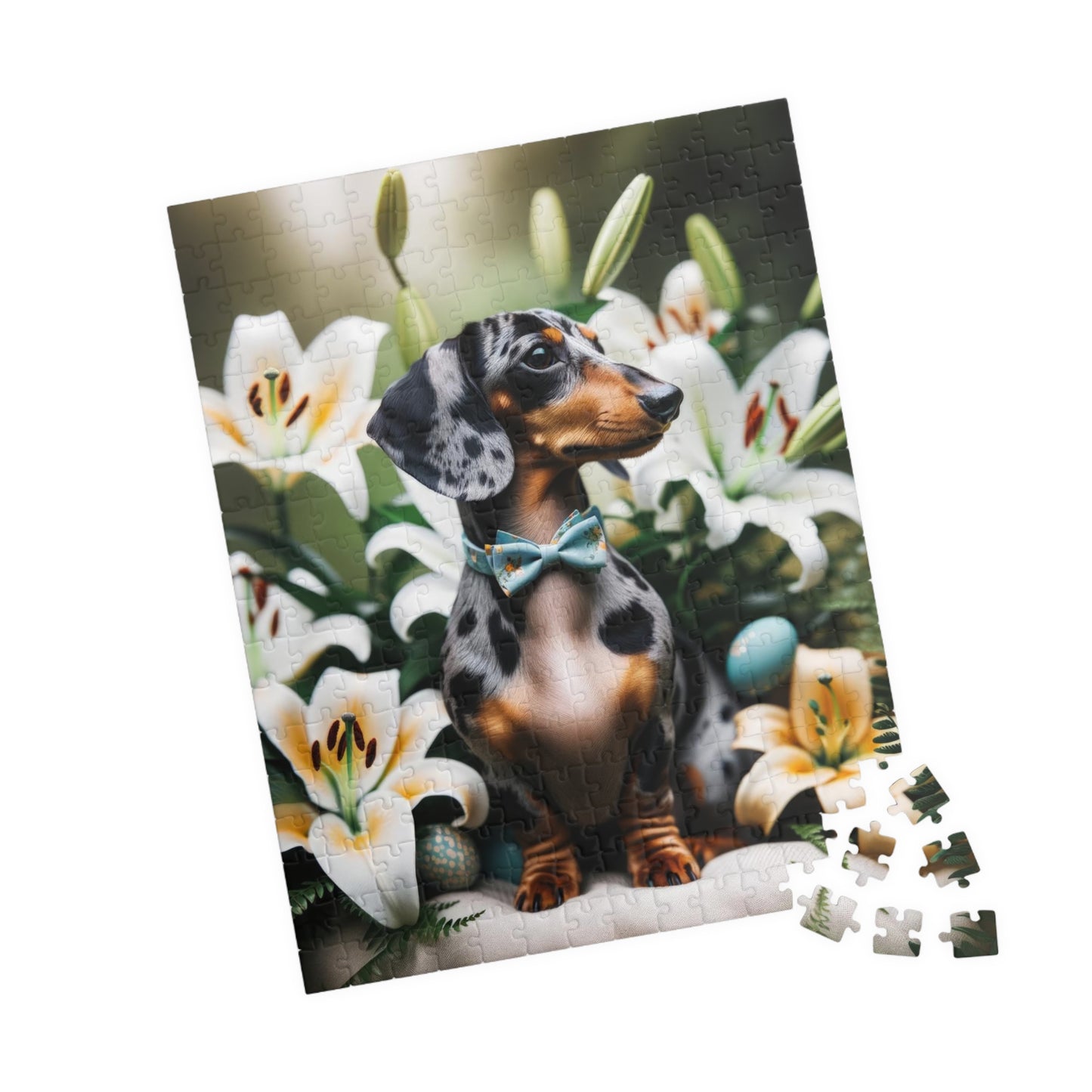 Spring Serenity Miniature Dachshund Jigsaw Puzzle - Tranquil Blue and Tan Dapple in Easter Lily Garden 110, 252, 520 or 1014 Pieces