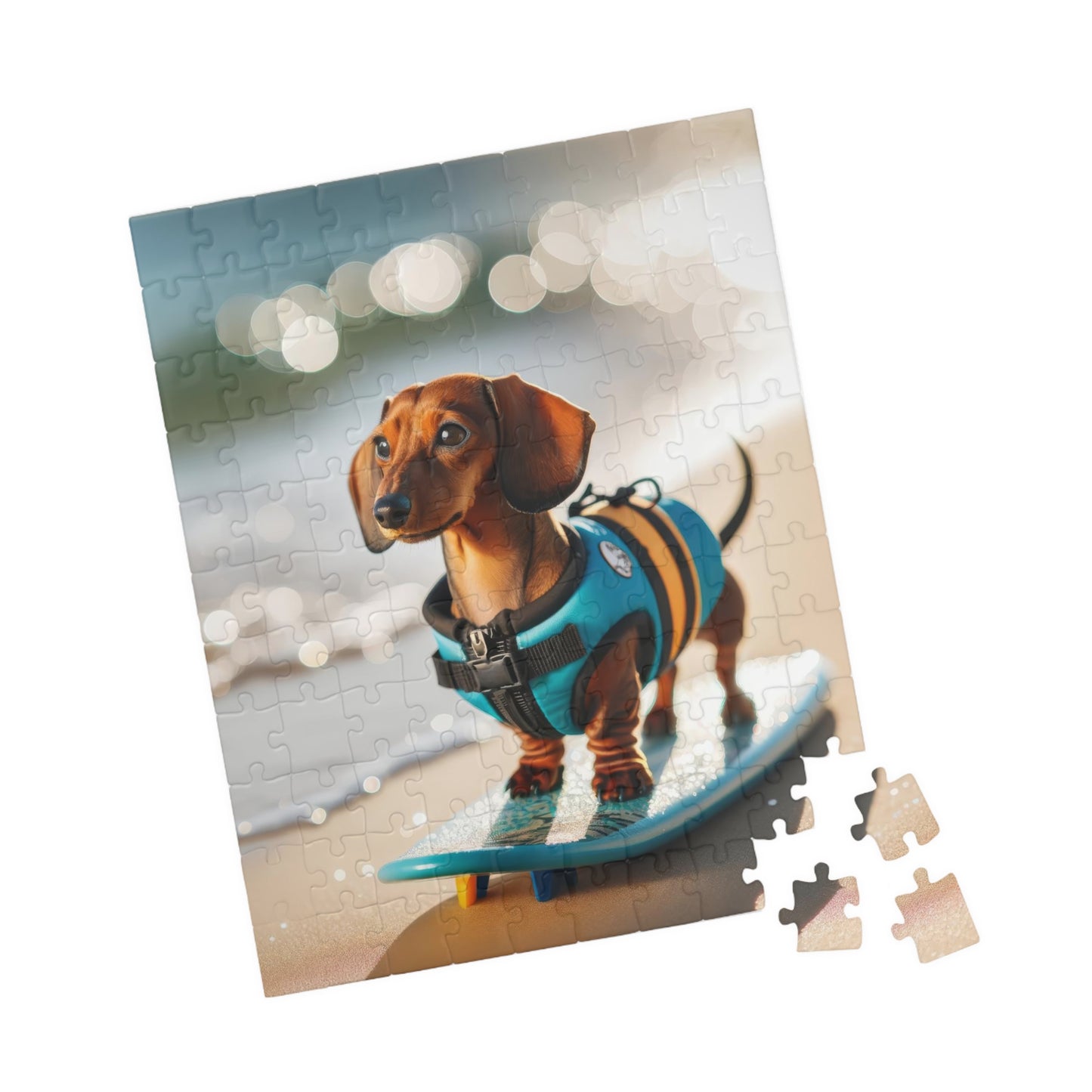 Beach Adventure Surf's Up Miniature Dachshund Jigsaw Puzzle - Vibrant Red Miniature Doxie, 110, 252, 520 or 1014 Pieces