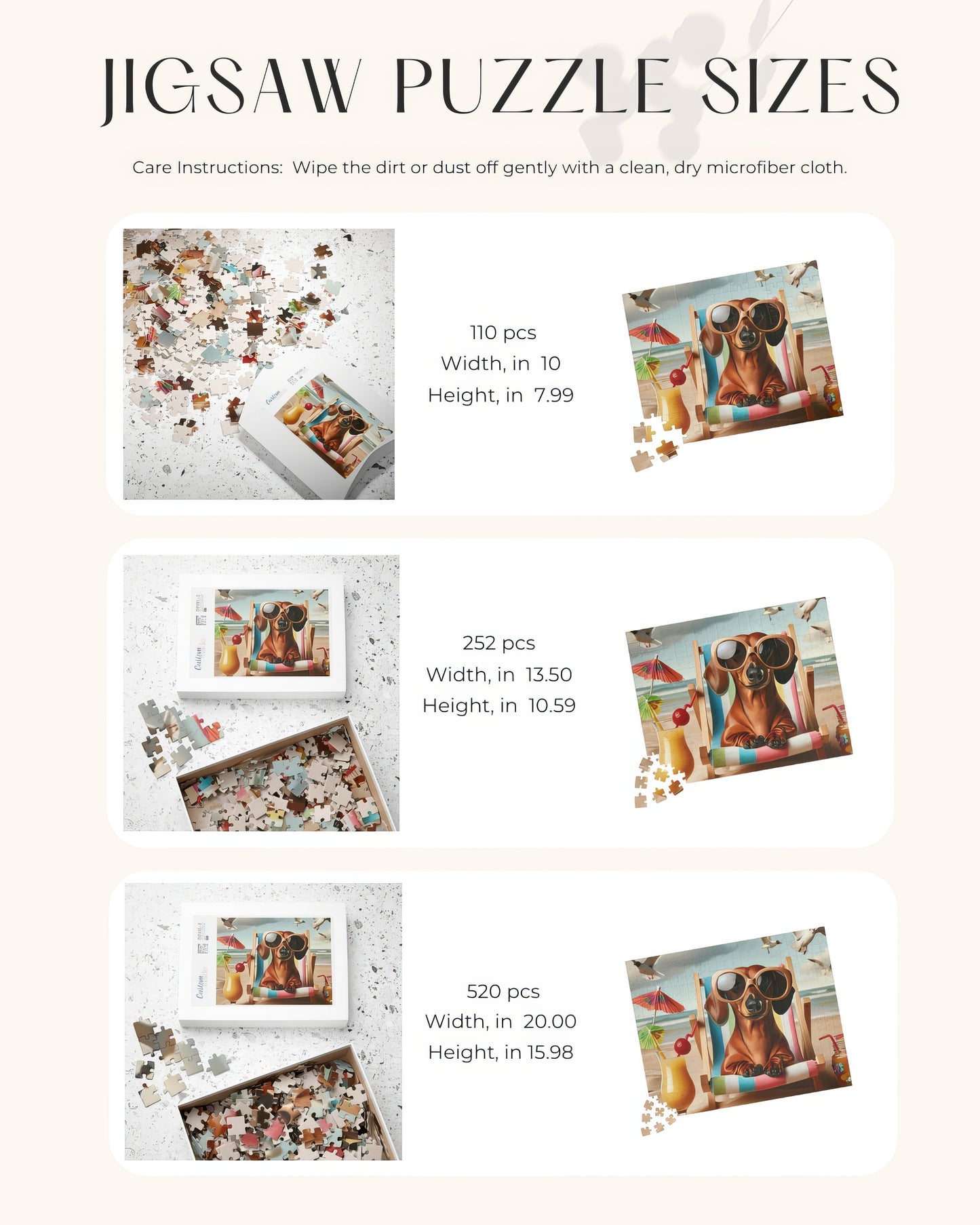 Sunny Dachshund Beach Puzzle - Coco on Vacation Jigsaw, Available in 110, 252, 520 Pieces, Glossy Finish