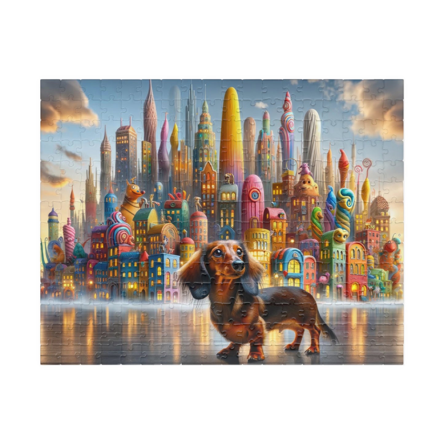 Dachshund Dream Cityscape Puzzle - Whimsical Skyline Jigsaw, Doxie Puzzle, Family-Friendly Game, Mindful Activity, 110, 252, 520, 1014-piece
