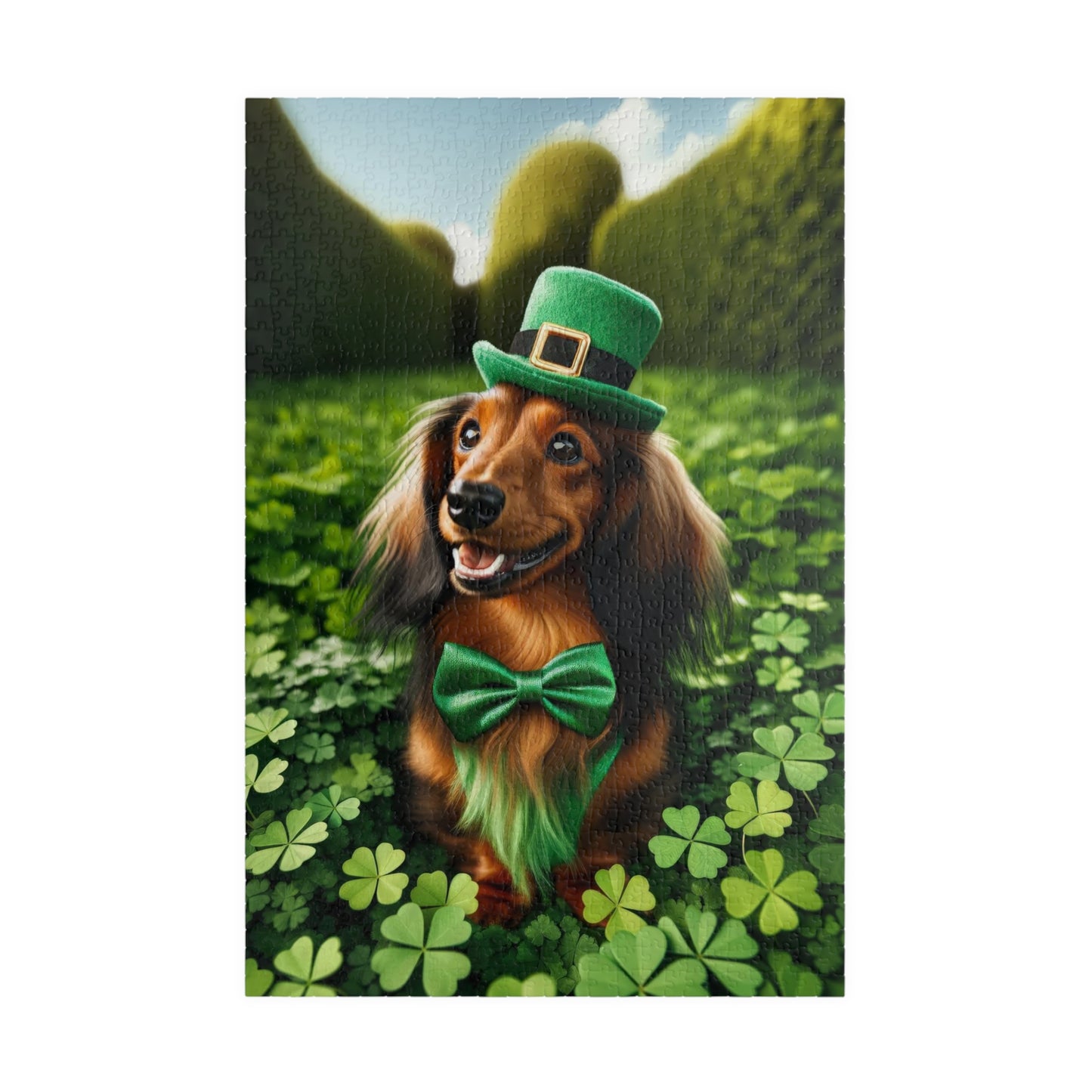 St. Patrick's Day Leprechaun Miniature Dachshund Jigsaw Puzzle - Long Haired Chocolate and Cream Mini Doxie 110, 252, 520 or 1014 Pieces
