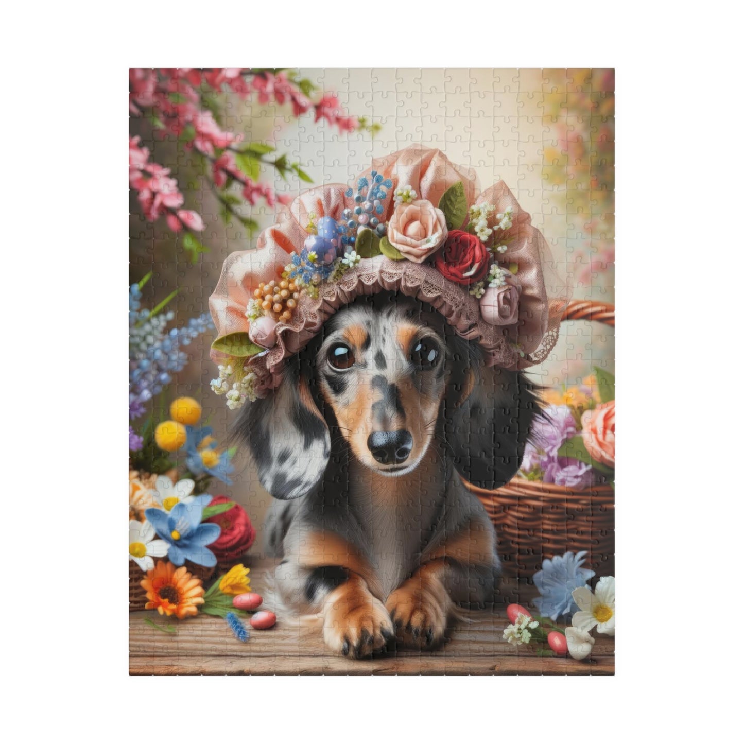 Enchanted Spring Blossom Miniature Dachshund Jigsaw Puzzle - Floral Easter Mini Doxie 110, 252, 520, 1014 Pieces