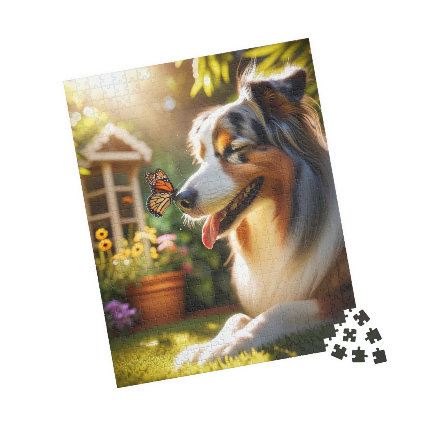 Australian Shepherd & Butterfly Puzzle - Sunlit Serenity - Mindful Family Activity - 110 to 1014 Pieces