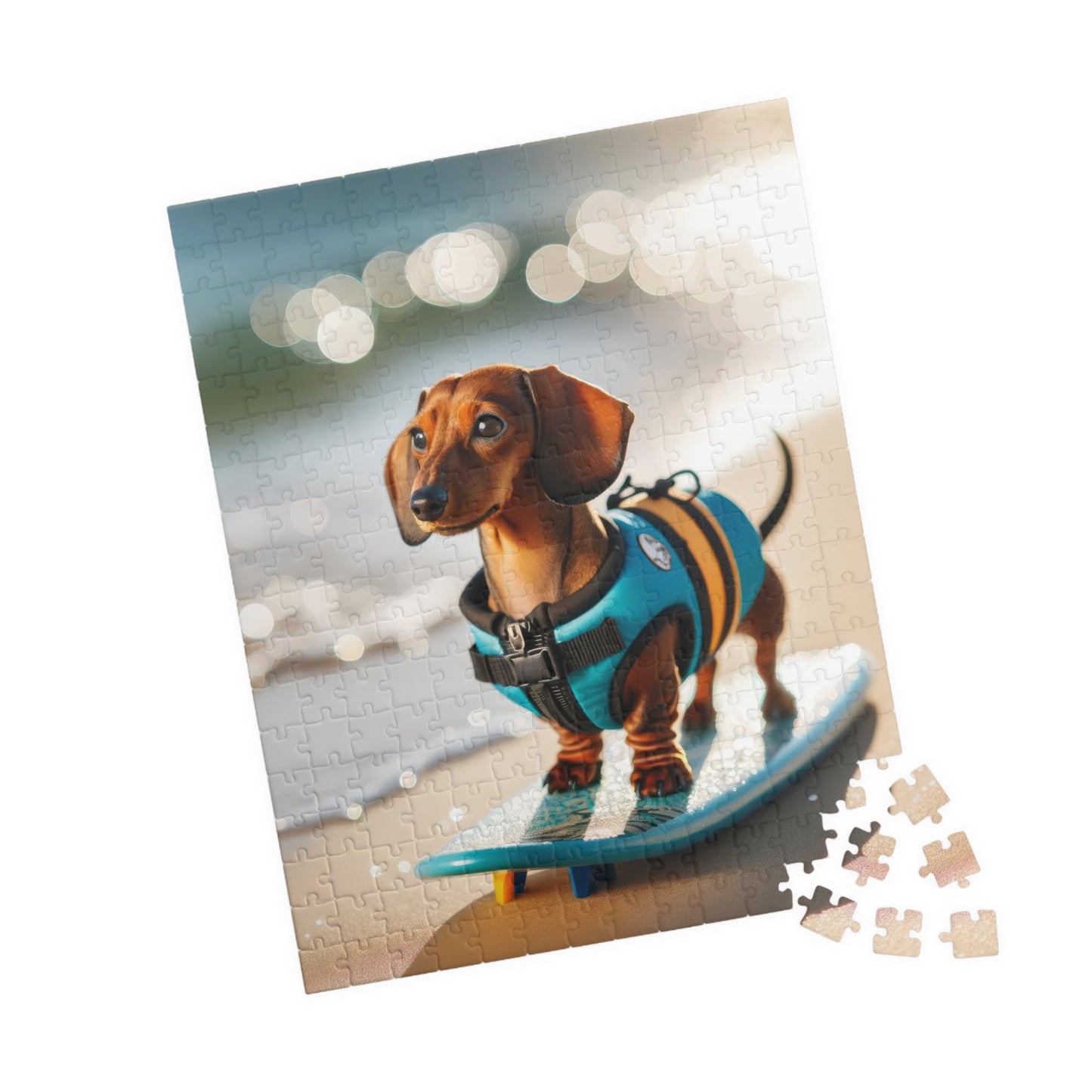 Beach Adventure Surf's Up Miniature Dachshund Jigsaw Puzzle - Vibrant Red Miniature Doxie, 110, 252, 520 or 1014 Pieces
