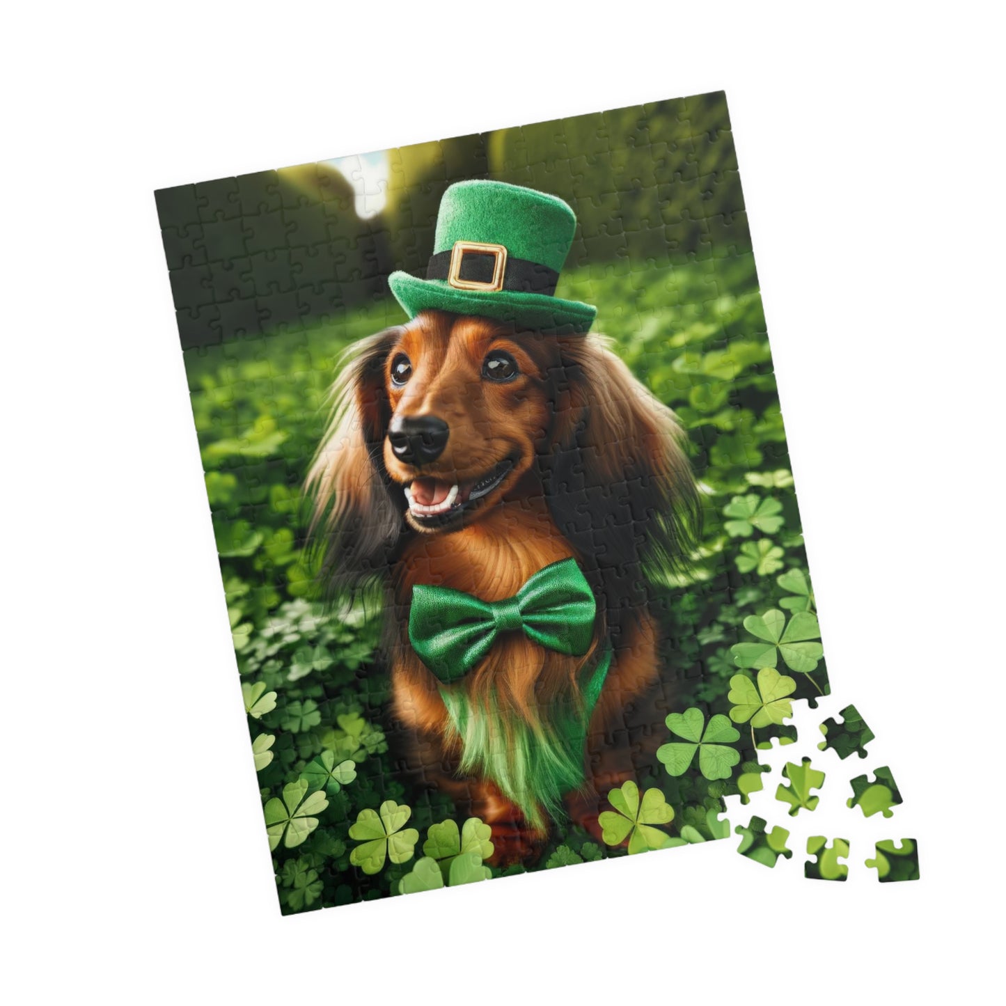 St. Patrick's Day Leprechaun Miniature Dachshund Jigsaw Puzzle - Long Haired Chocolate and Cream Mini Doxie 110, 252, 520 or 1014 Pieces