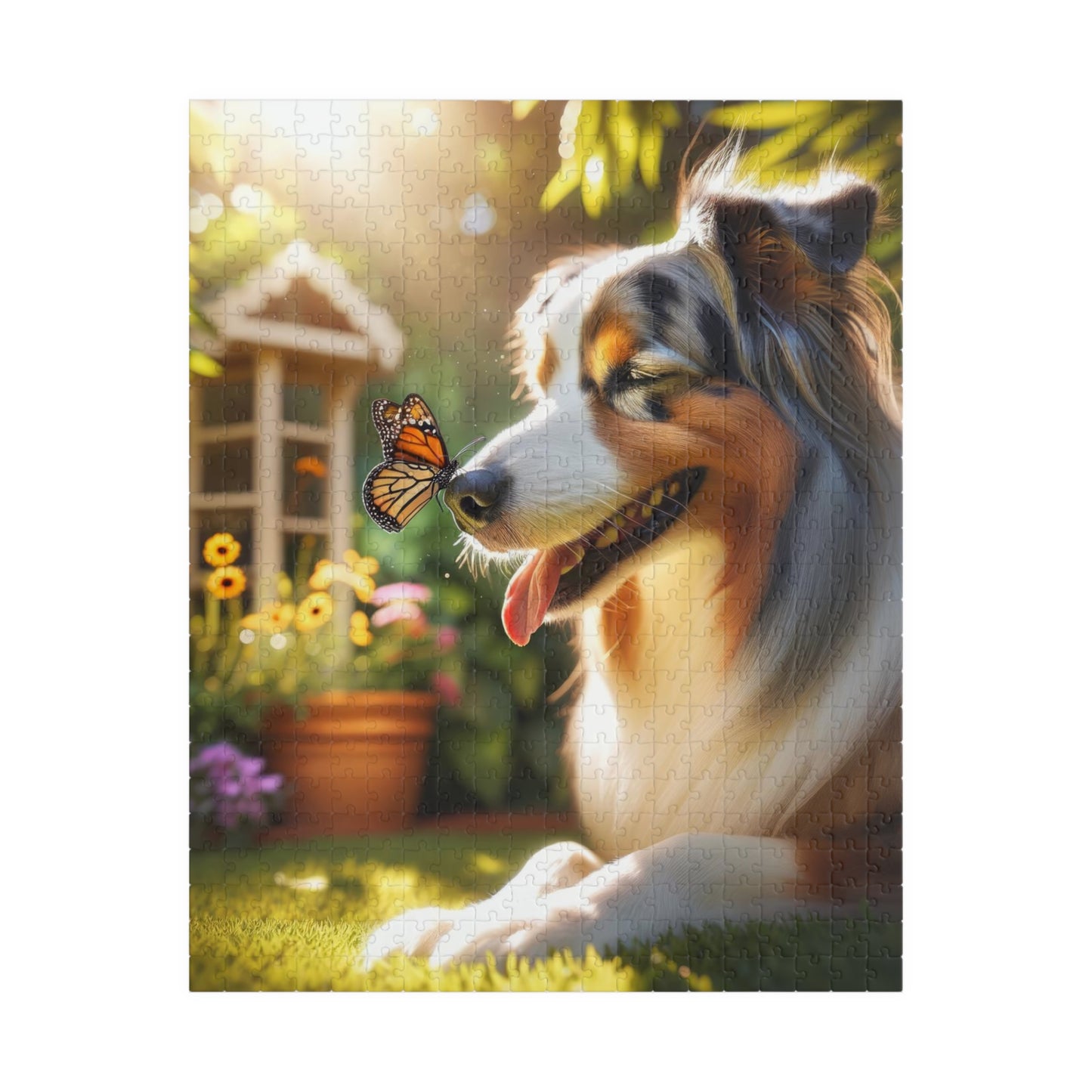 Australian Shepherd & Butterfly Puzzle - Sunlit Serenity - Mindful Family Activity - 110 to 1014 Pieces