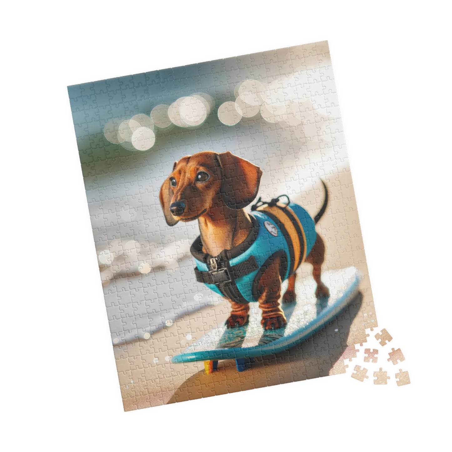 Beach Adventure Surf's Up Miniature Dachshund Jigsaw Puzzle - Vibrant Red Miniature Doxie, 110, 252, 520 or 1014 Pieces