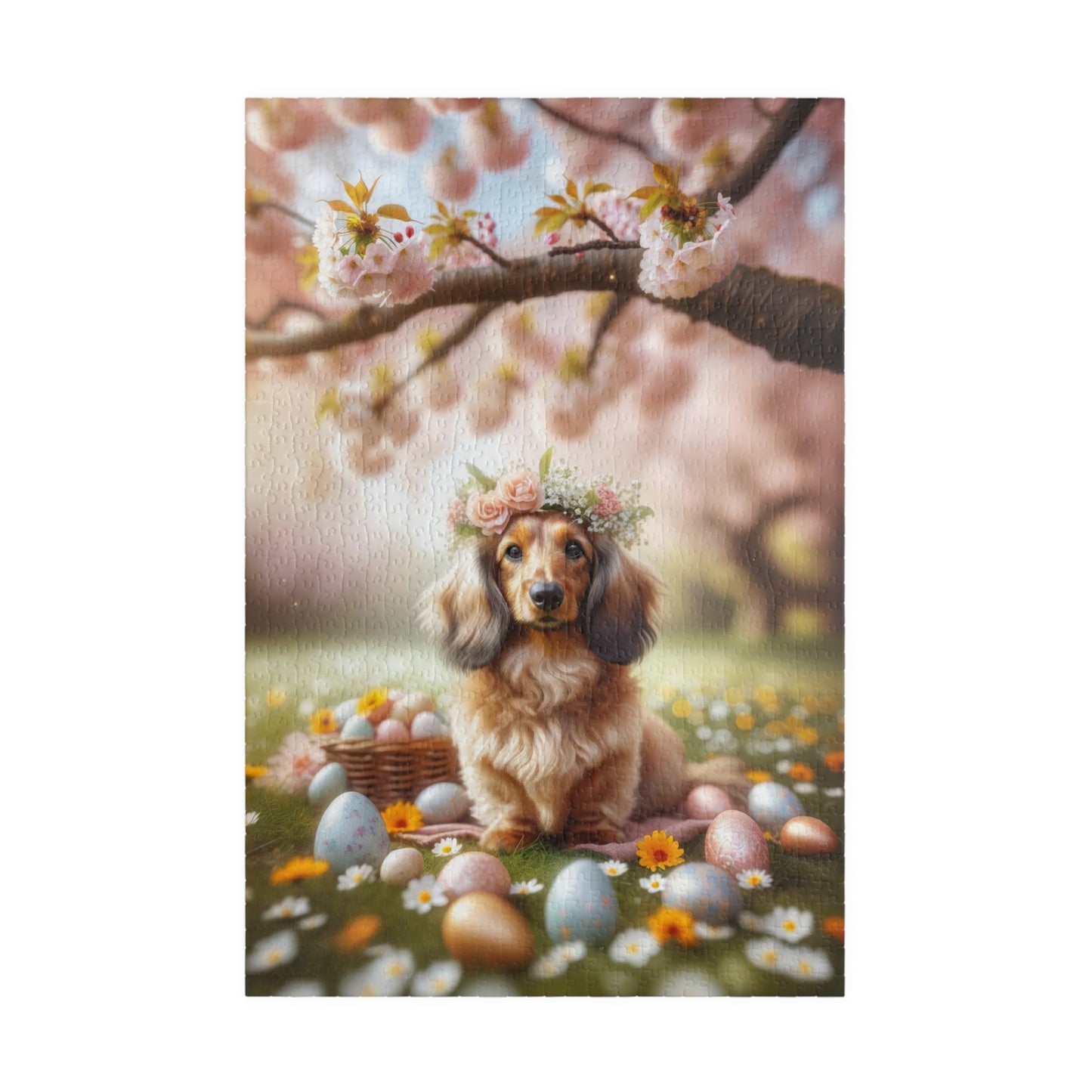 Serene Easter Blossom Crowned Miniature Dachshund Jigsaw Puzzle - English Cream Doxie 110, 252, 520, 1014 Pieces