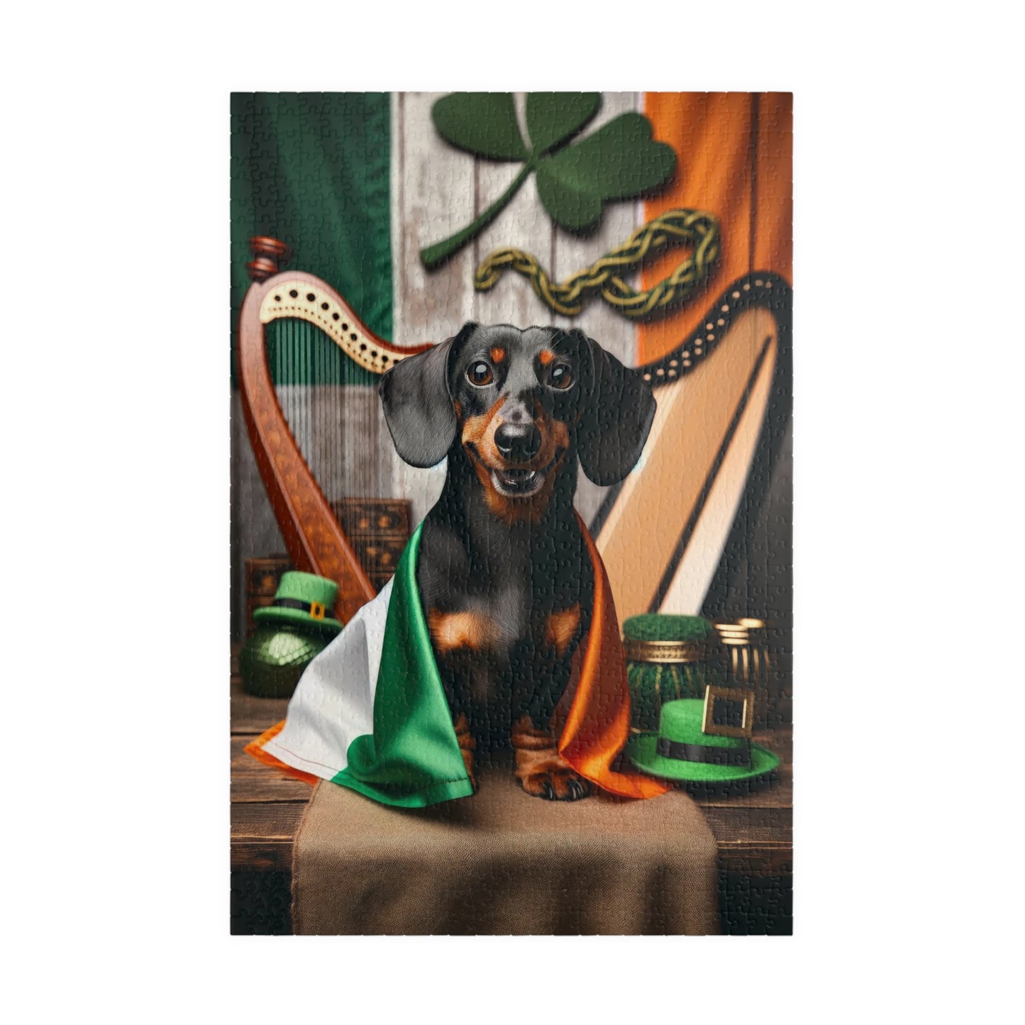 Lucky Doxie Miniature Dachshund Jigsaw Puzzle - St. Patrick's Day Themed Chocolate and Tan Smooth Mini Doxie 110, 252, 520 or 1014 Pieces