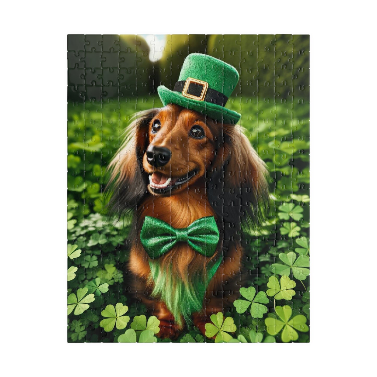 St. Patrick's Day Leprechaun Miniature Dachshund Jigsaw Puzzle - Long Haired Chocolate and Cream Mini Doxie 110, 252, 520 or 1014 Pieces