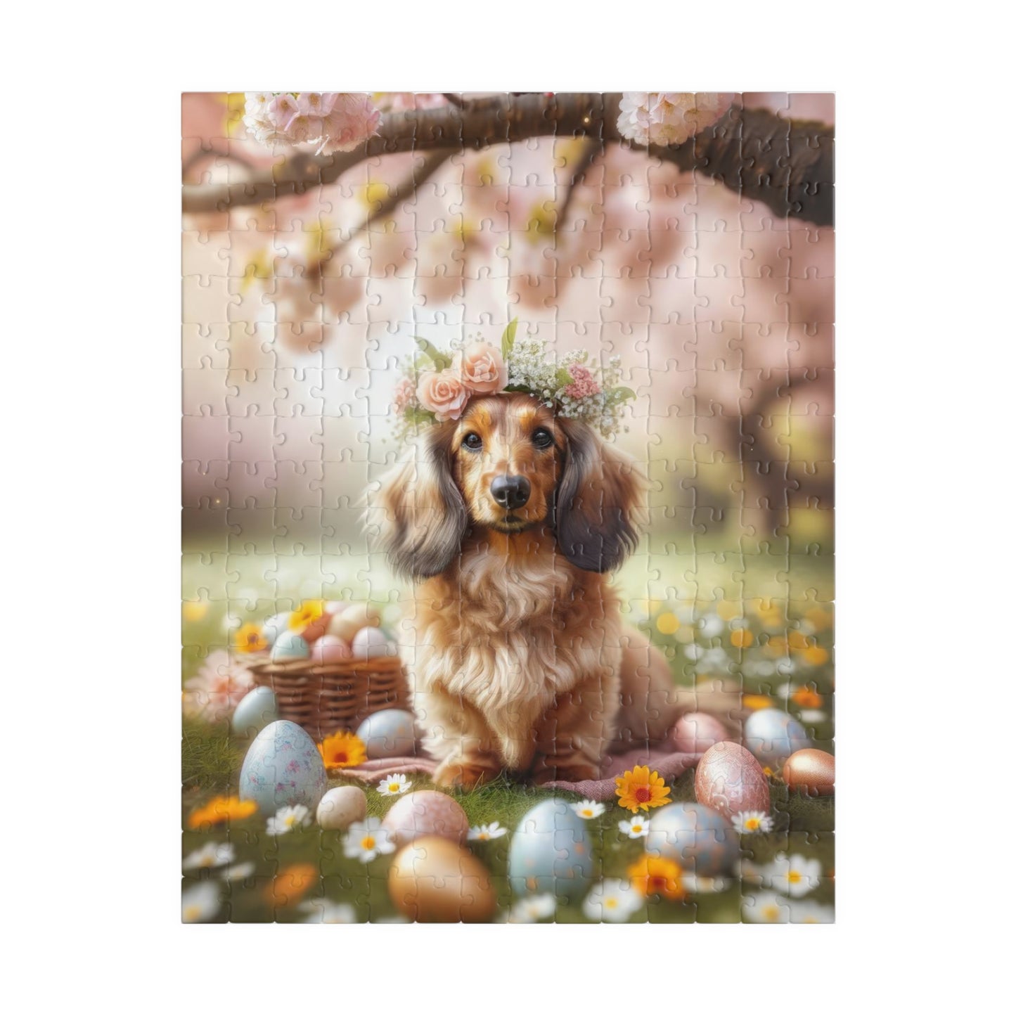 Serene Easter Blossom Crowned Miniature Dachshund Jigsaw Puzzle - English Cream Doxie 110, 252, 520, 1014 Pieces