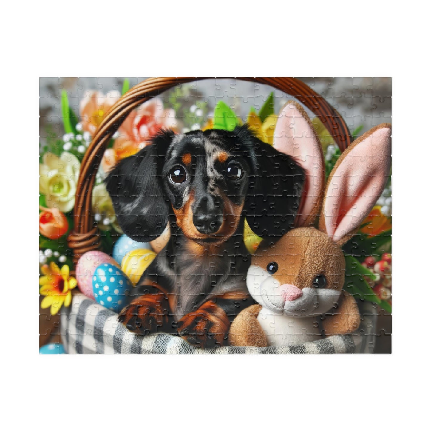 Easter Joy Miniature Dachshund Jigsaw Puzzle - Spring Celebration Black and Tan Mini Doxie 110, 252, 520 or 1014 Pieces