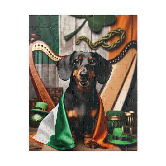 Lucky Doxie Miniature Dachshund Jigsaw Puzzle - St. Patrick's Day Themed Chocolate and Tan Smooth Mini Doxie 110, 252, 520 or 1014 Pieces