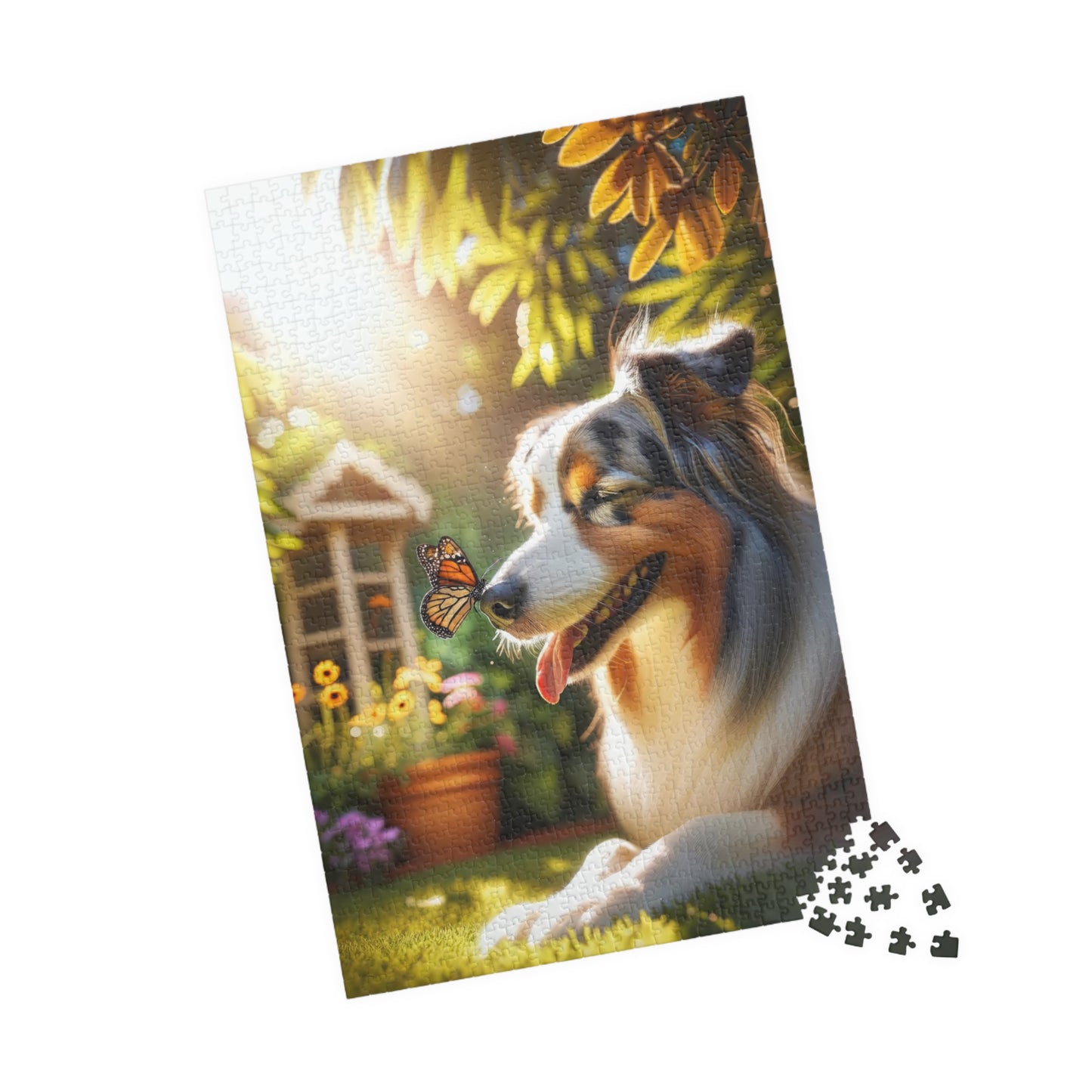 Australian Shepherd & Butterfly Puzzle - Sunlit Serenity - Mindful Family Activity - 110 to 1014 Pieces