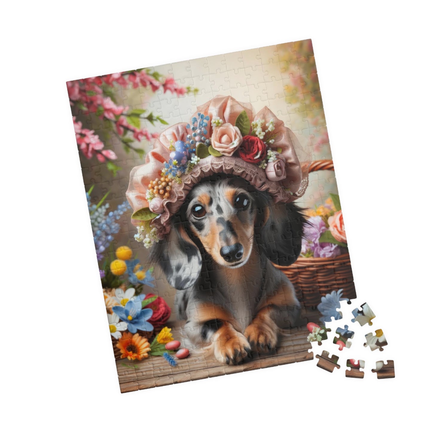 Enchanted Spring Blossom Miniature Dachshund Jigsaw Puzzle - Floral Easter Mini Doxie 110, 252, 520, 1014 Pieces