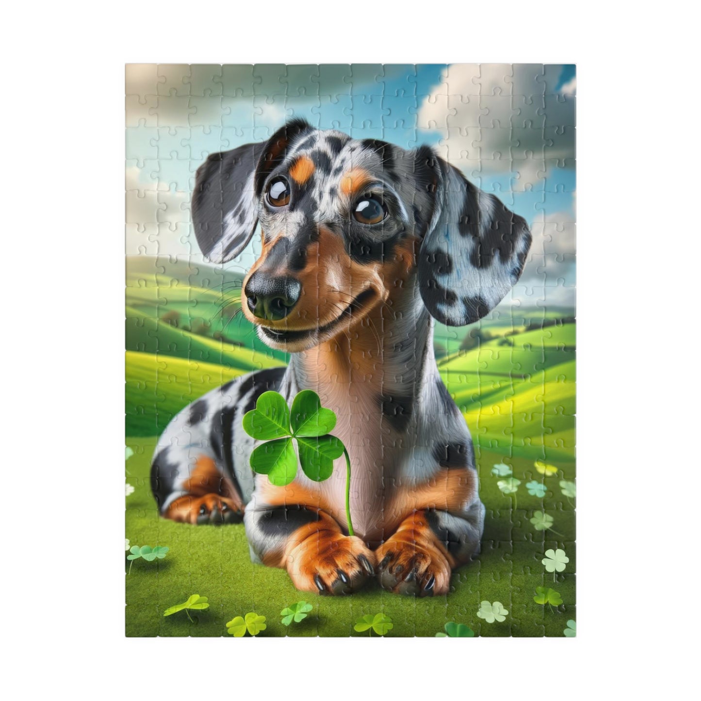 St Patrick's Day Lucky Charm Miniature Dachshund Jigsaw Puzzle -  Blue and Cream Dapple Mini Doxie 110, 252, 520 or 1014 Pieces