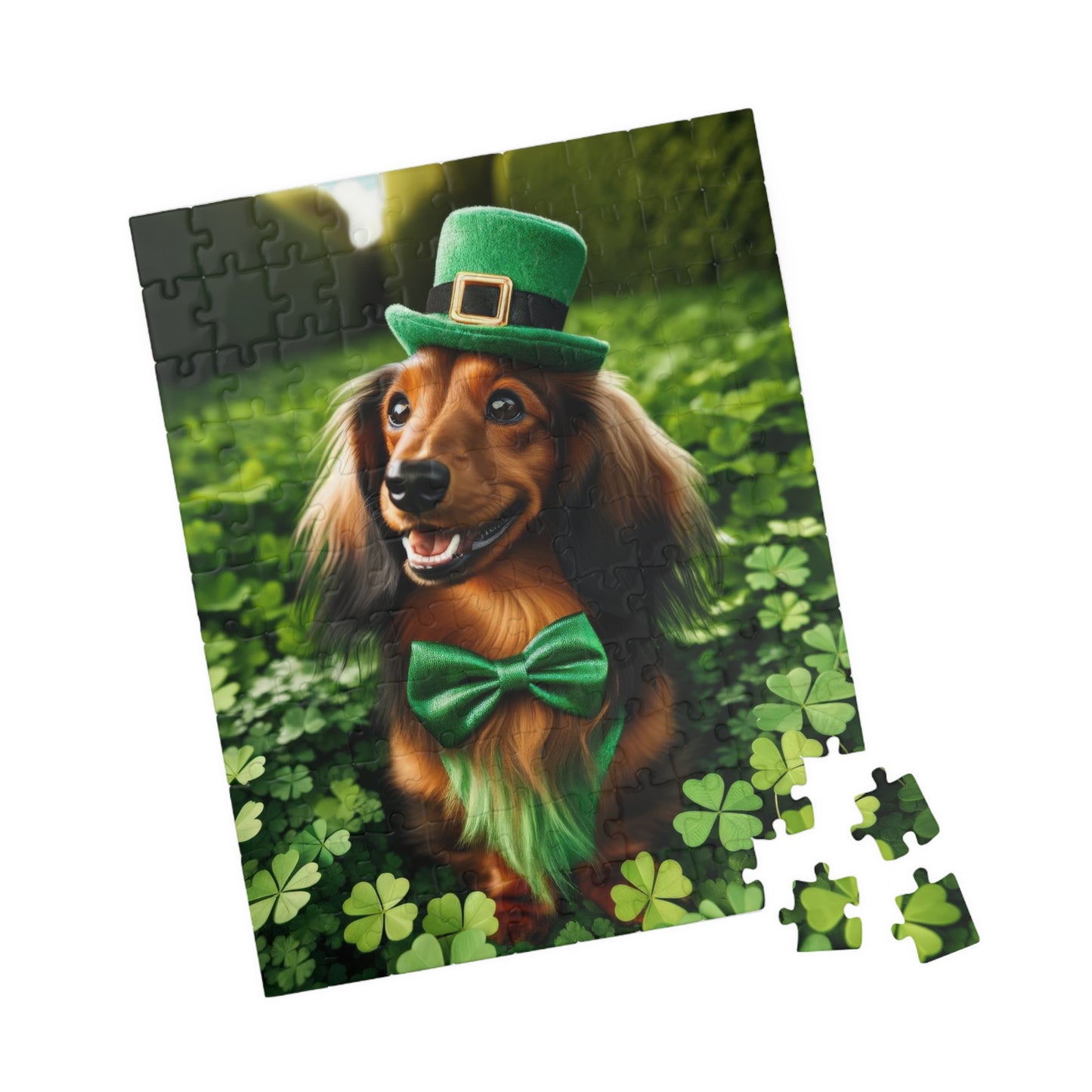 St. Patrick's Day Leprechaun Miniature Dachshund Jigsaw Puzzle - Long Haired Chocolate and Cream Mini Doxie 110, 252, 520 or 1014 Pieces