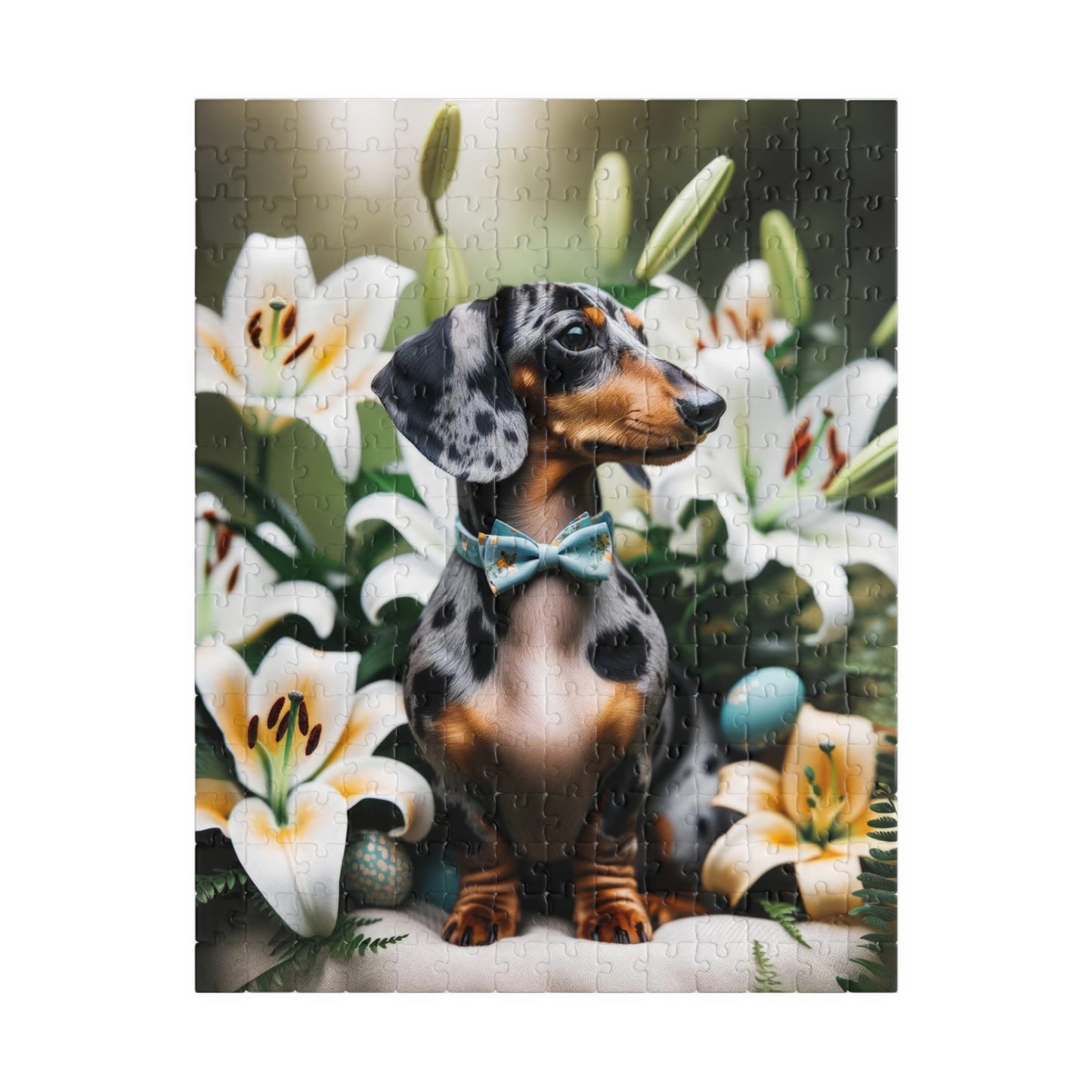 Spring Serenity Miniature Dachshund Jigsaw Puzzle - Tranquil Blue and Tan Dapple in Easter Lily Garden 110, 252, 520 or 1014 Pieces