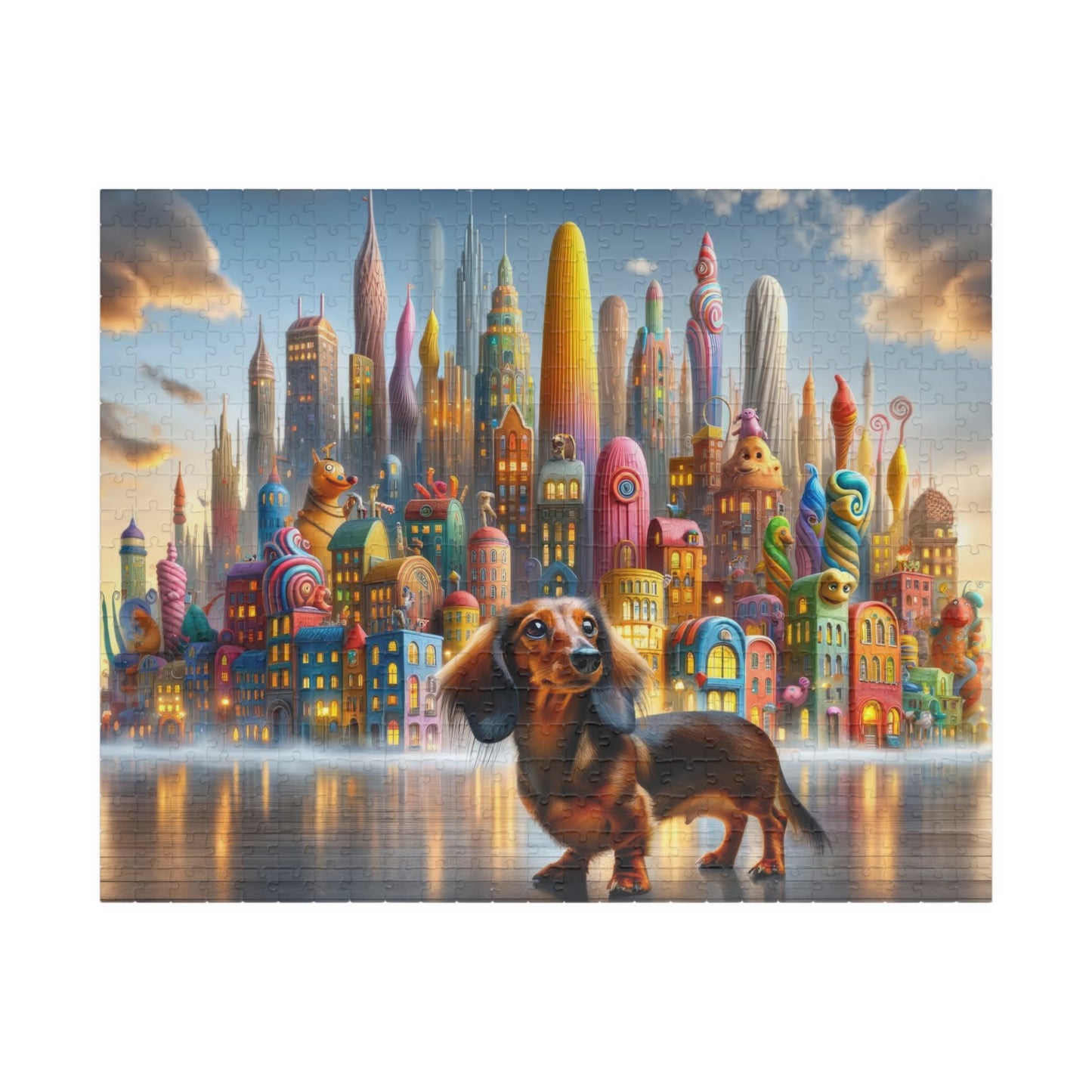 Dachshund Dream Cityscape Puzzle - Whimsical Skyline Jigsaw, Doxie Puzzle, Family-Friendly Game, Mindful Activity, 110, 252, 520, 1014-piece