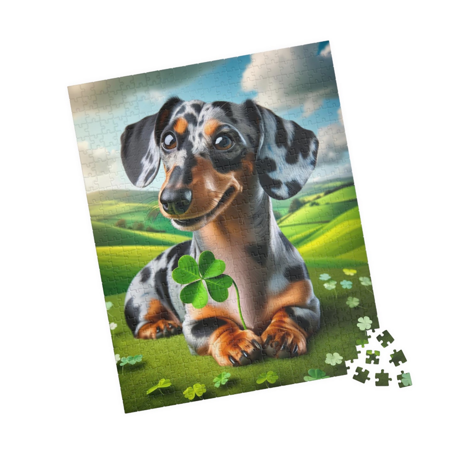 St Patrick's Day Lucky Charm Miniature Dachshund Jigsaw Puzzle -  Blue and Cream Dapple Mini Doxie 110, 252, 520 or 1014 Pieces