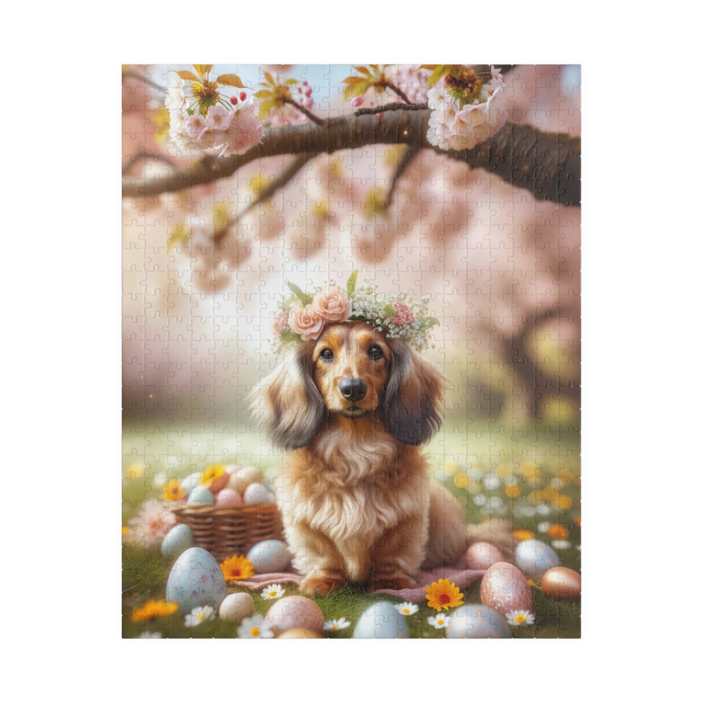 Serene Easter Blossom Crowned Miniature Dachshund Jigsaw Puzzle - English Cream Doxie 110, 252, 520, 1014 Pieces