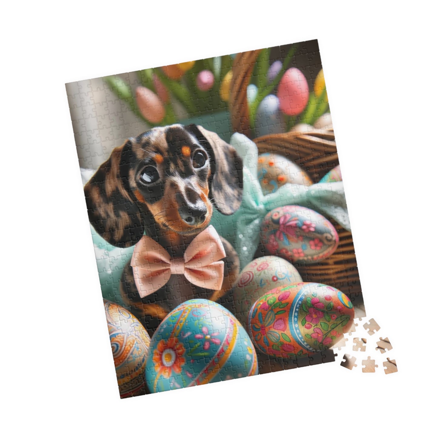 Charming Easter Elegance Miniature Dachshund Jigsaw Puzzle - Brindle Mini Doxie, Family Fun Activity 110, 252, 520 or 1014 Pieces