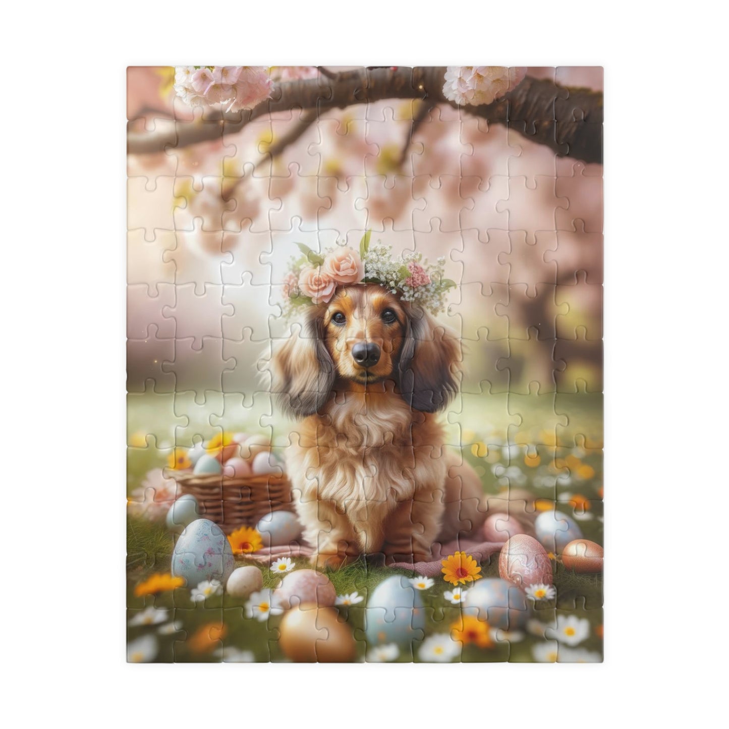 Serene Easter Blossom Crowned Miniature Dachshund Jigsaw Puzzle - English Cream Doxie 110, 252, 520, 1014 Pieces