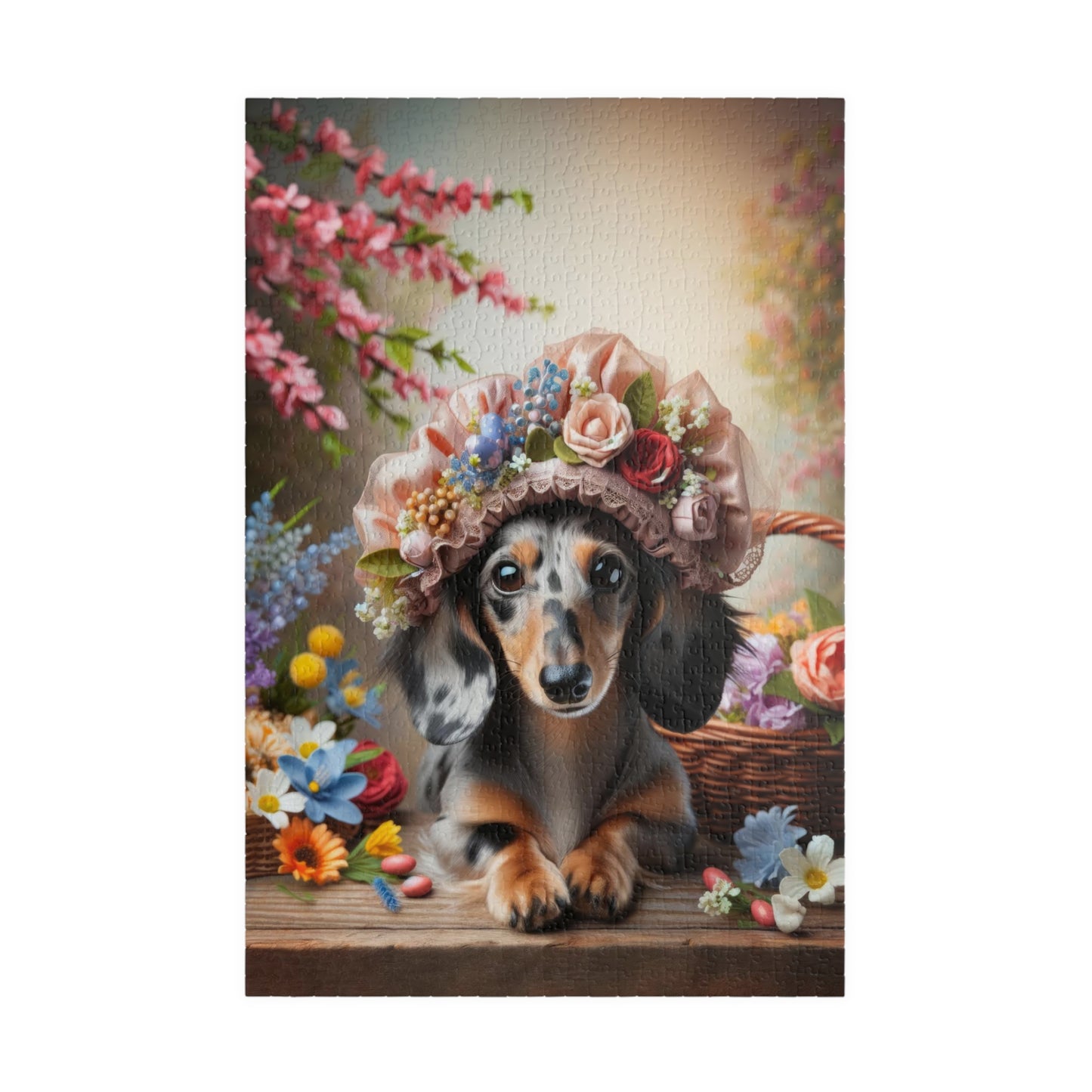 Enchanted Spring Blossom Miniature Dachshund Jigsaw Puzzle - Floral Easter Mini Doxie 110, 252, 520, 1014 Pieces