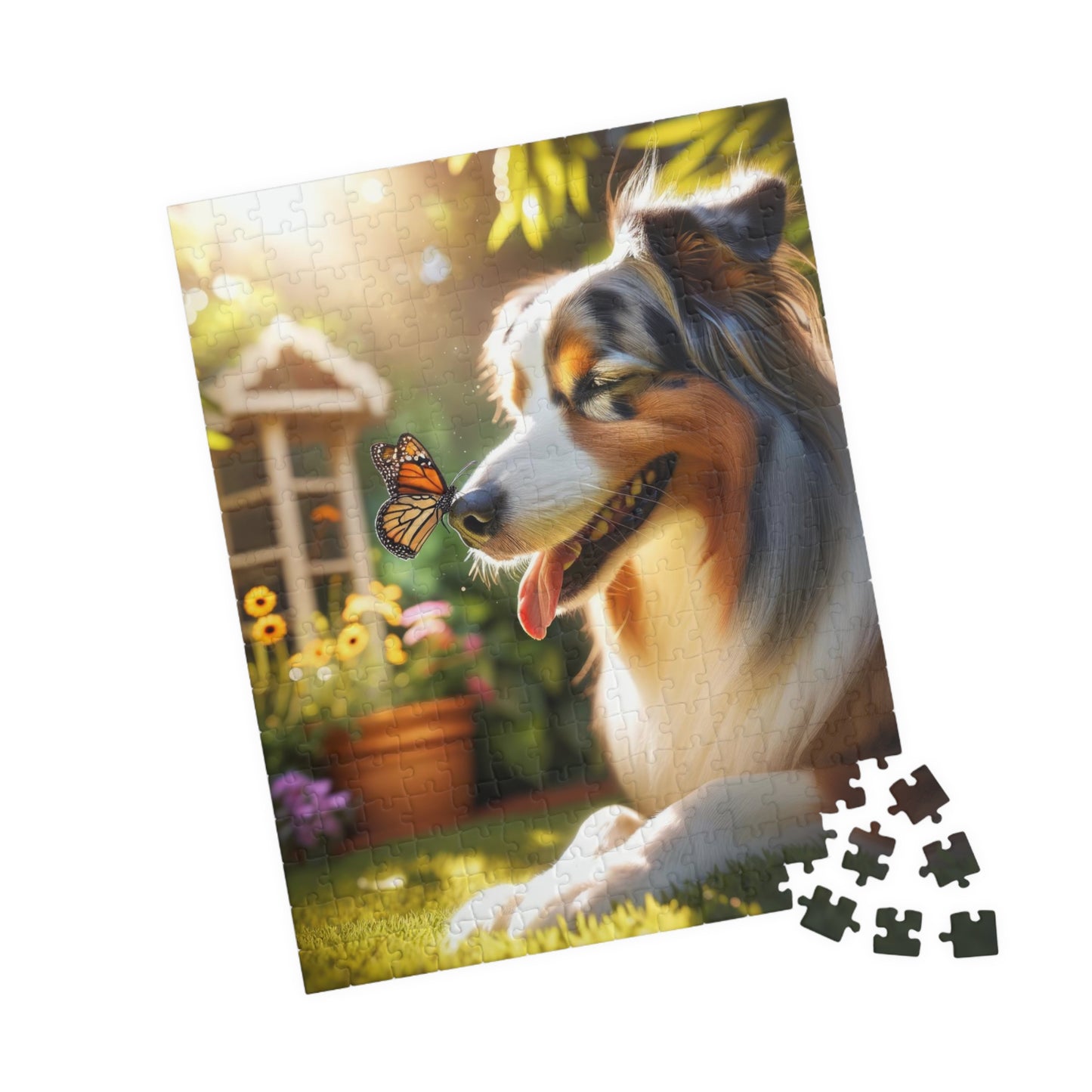 Australian Shepherd & Butterfly Puzzle - Sunlit Serenity - Mindful Family Activity - 110 to 1014 Pieces