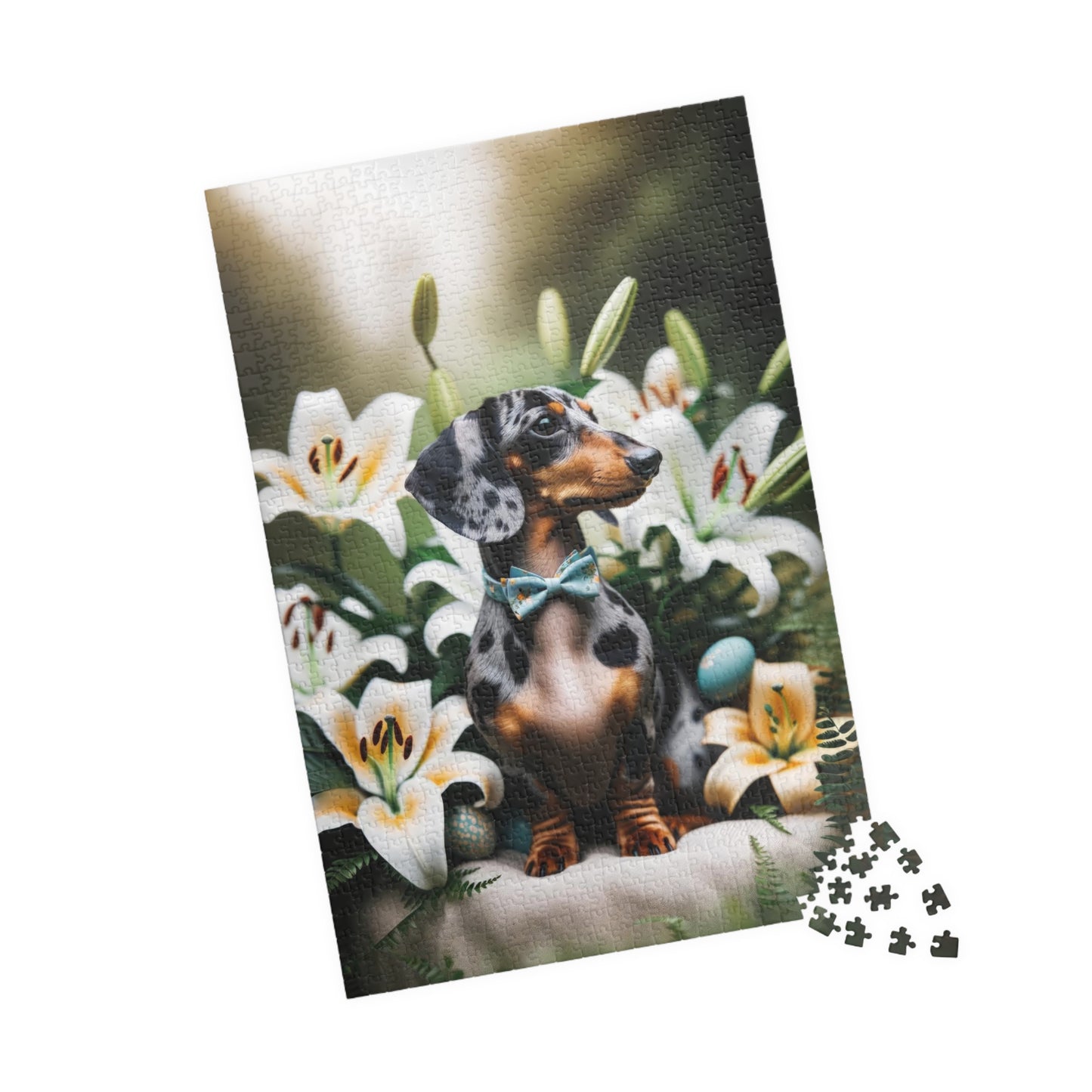 Spring Serenity Miniature Dachshund Jigsaw Puzzle - Tranquil Blue and Tan Dapple in Easter Lily Garden 110, 252, 520 or 1014 Pieces