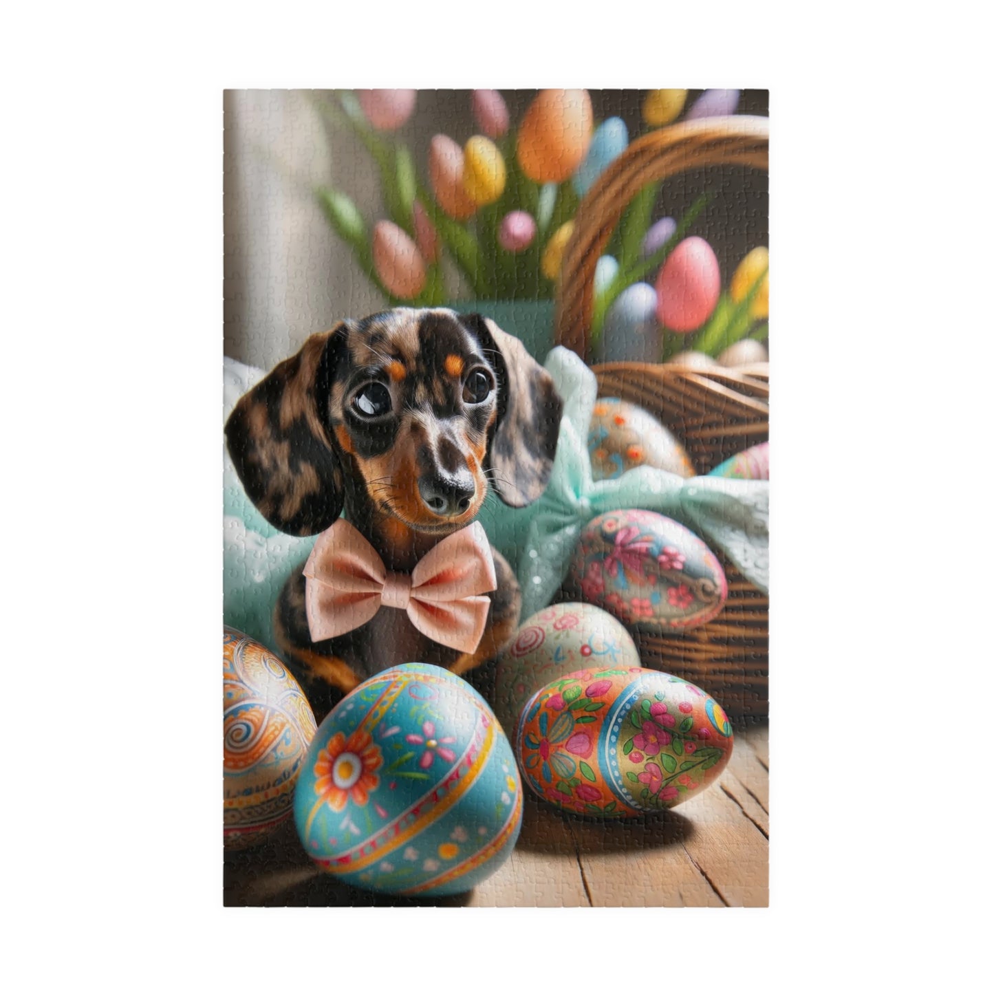 Charming Easter Elegance Miniature Dachshund Jigsaw Puzzle - Brindle Mini Doxie, Family Fun Activity 110, 252, 520 or 1014 Pieces