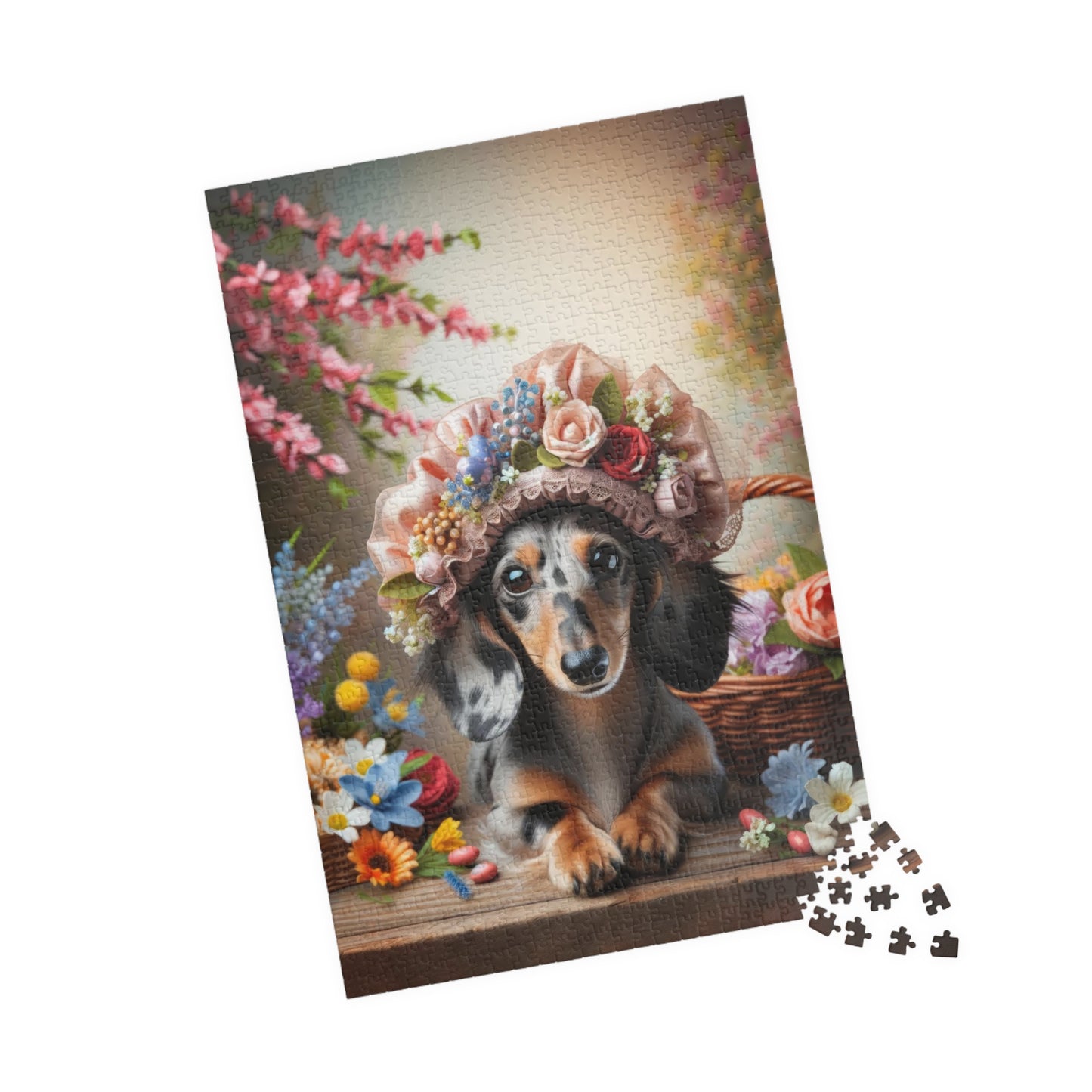 Enchanted Spring Blossom Miniature Dachshund Jigsaw Puzzle - Floral Easter Mini Doxie 110, 252, 520, 1014 Pieces