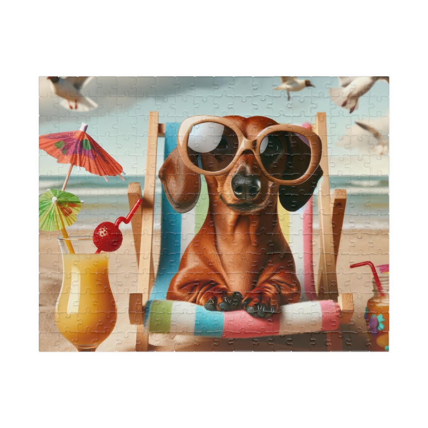 Sunny Dachshund Beach Puzzle - Coco on Vacation Jigsaw, Available in 110, 252, 520 Pieces, Glossy Finish