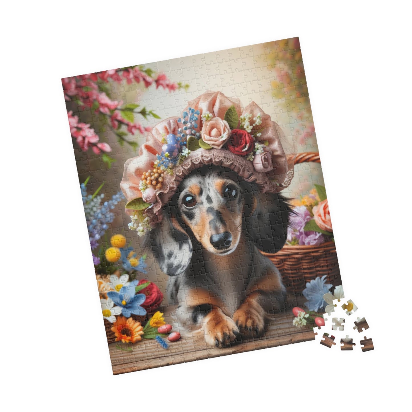 Enchanted Spring Blossom Miniature Dachshund Jigsaw Puzzle - Floral Easter Mini Doxie 110, 252, 520, 1014 Pieces