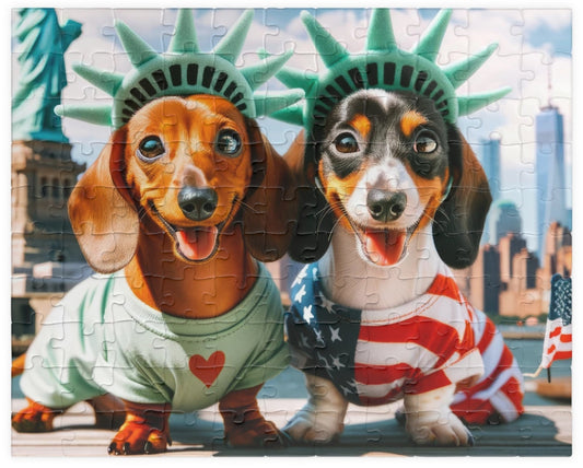 Two cheerful mini dachshunds, one red and the other piebald with fawn and white with fawn spots, each adorned with a small Statue of Liberty crown. They are posing with bright smiles in front of the iconic Statue of Liberty in New York City. 