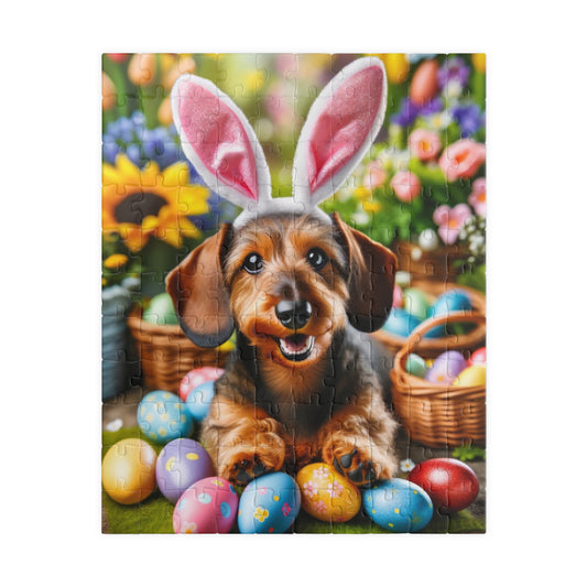 Springtime Fun Easter Bunny Miniature Dachshund Jigsaw Puzzle - Colorful Egg Hunt Wire-Haired Mini Doxie 110, 252, 520, 1014 Pieces