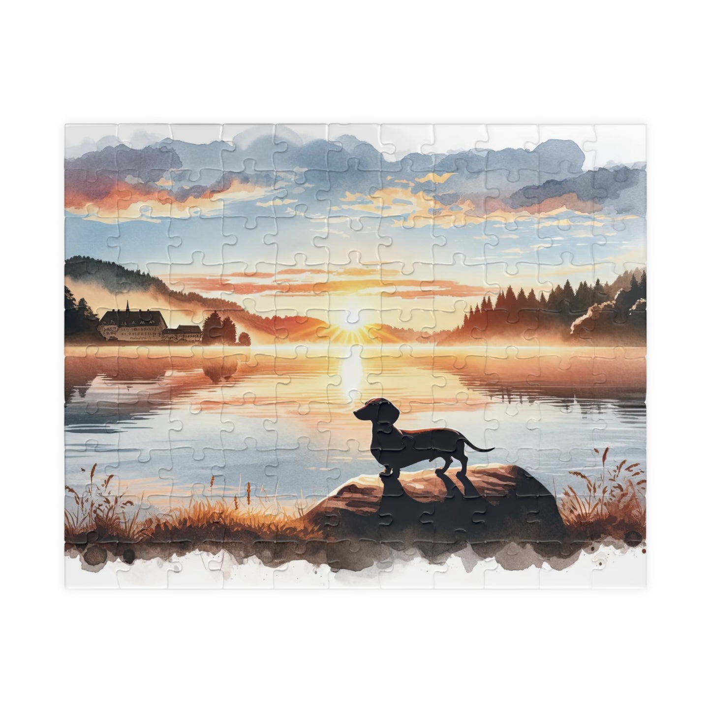 Dawn's Early Light - Dachshund Lake View Jigsaw Puzzle - Available in Multiple Sizes 110, 252, 520, 1014-piece