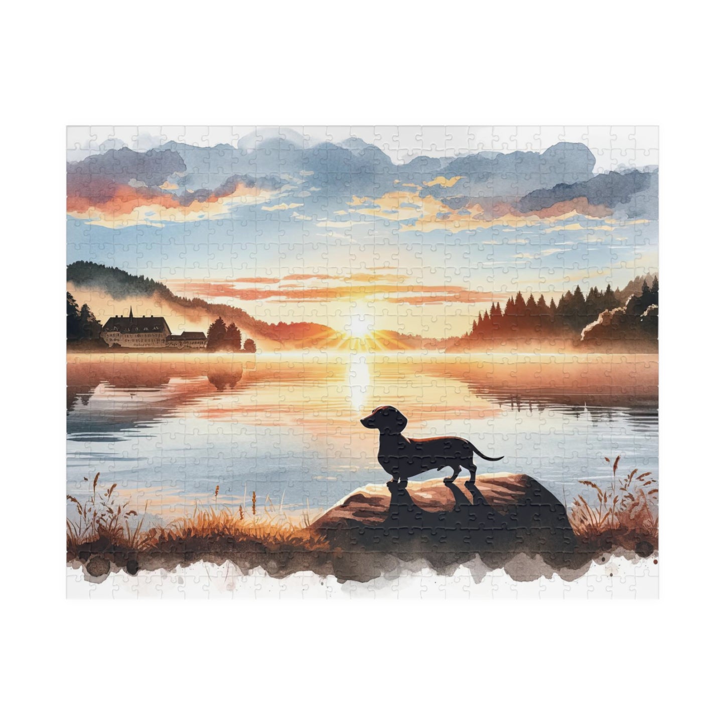 Dawn's Early Light - Dachshund Lake View Jigsaw Puzzle - Available in Multiple Sizes 110, 252, 520, 1014-piece