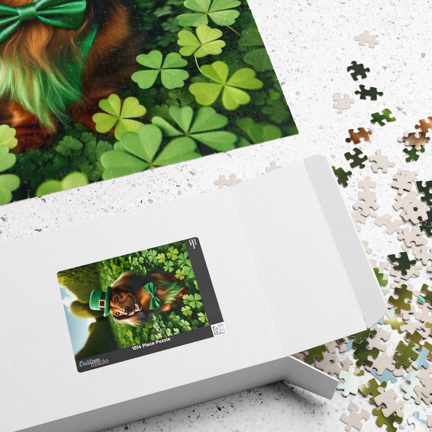 St. Patrick's Day Leprechaun Miniature Dachshund Jigsaw Puzzle - Long Haired Chocolate and Cream Mini Doxie 110, 252, 520 or 1014 Pieces