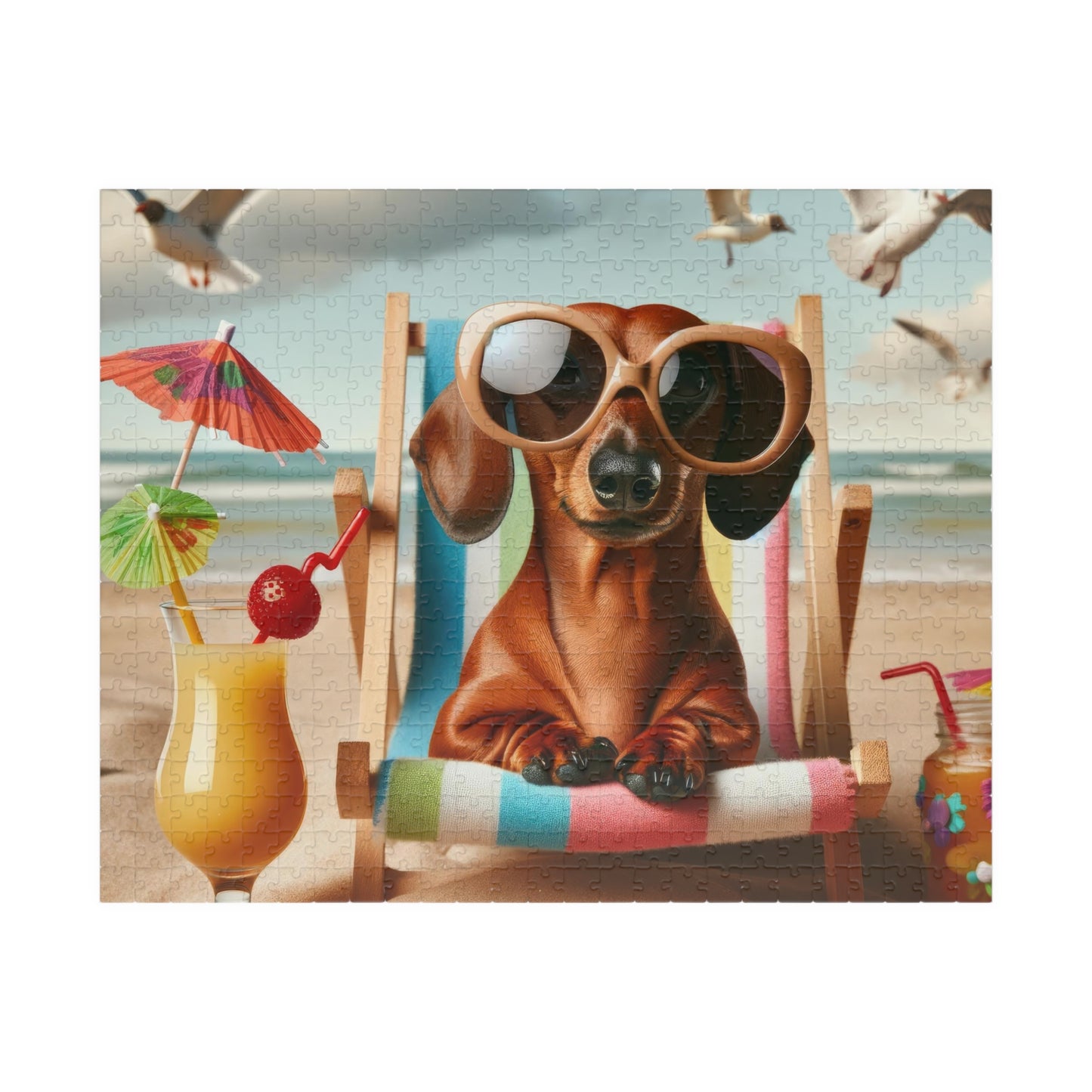 Sunny Dachshund Beach Puzzle - Coco on Vacation Jigsaw, Available in 110, 252, 520 Pieces, Glossy Finish