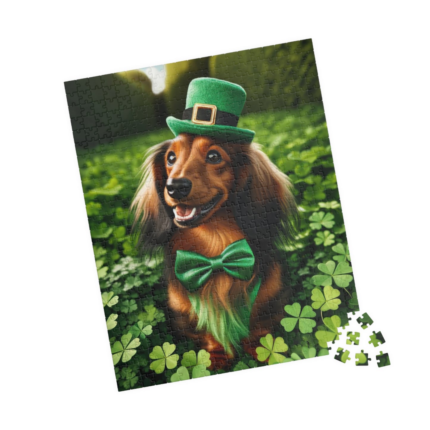 St. Patrick's Day Leprechaun Miniature Dachshund Jigsaw Puzzle - Long Haired Chocolate and Cream Mini Doxie 110, 252, 520 or 1014 Pieces