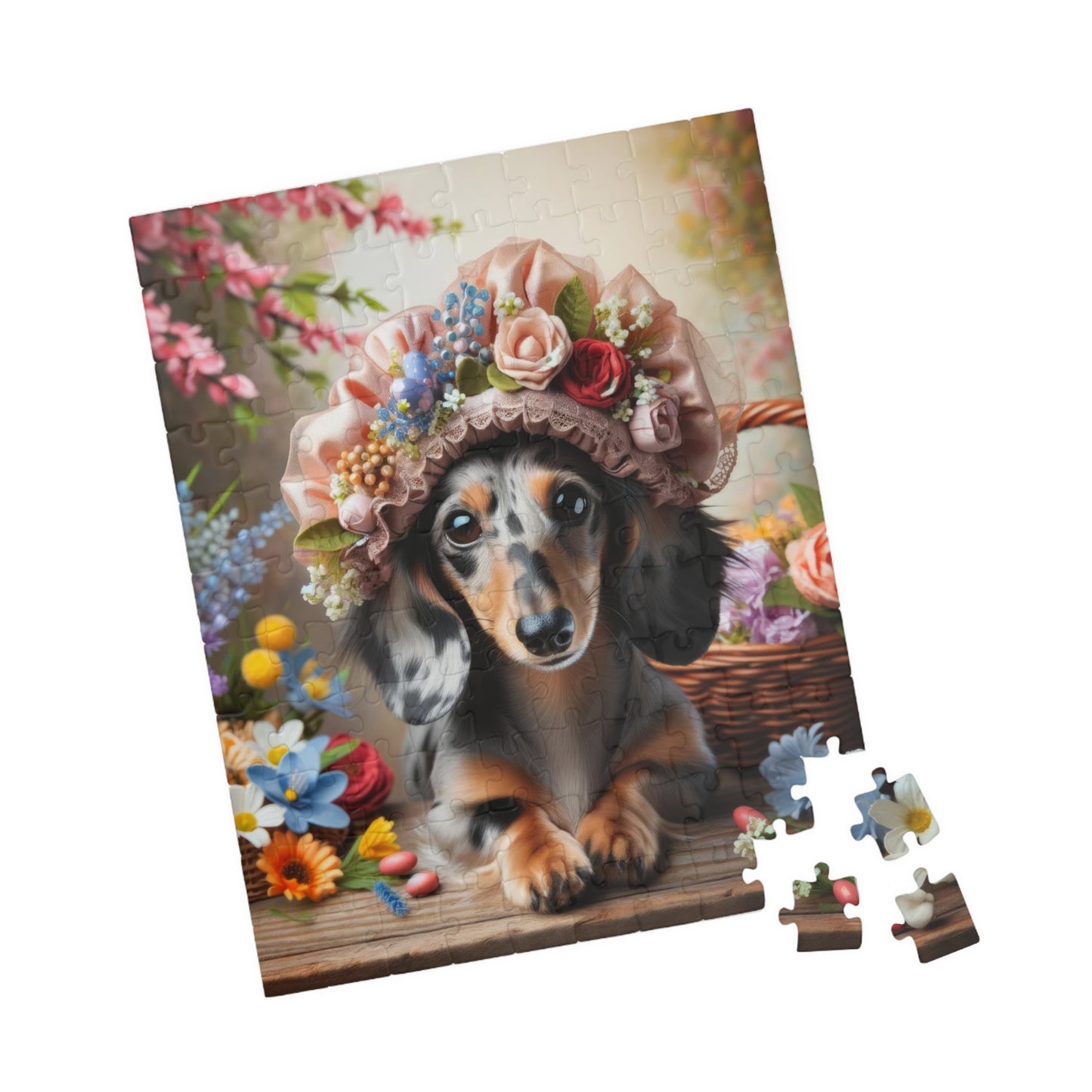 Enchanted Spring Blossom Miniature Dachshund Jigsaw Puzzle - Floral Easter Mini Doxie 110, 252, 520, 1014 Pieces